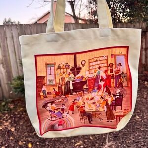 Vintage Americana Folk Art Canvas Tote Bag LOWELL HERRERO Art Printed‎ Cream